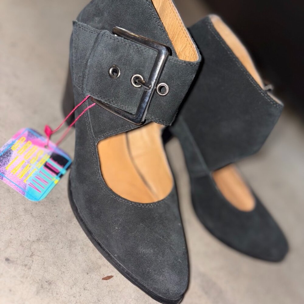 Vintage Corso Como Black Genuine Suede Heels with Chunky Buckle 7M